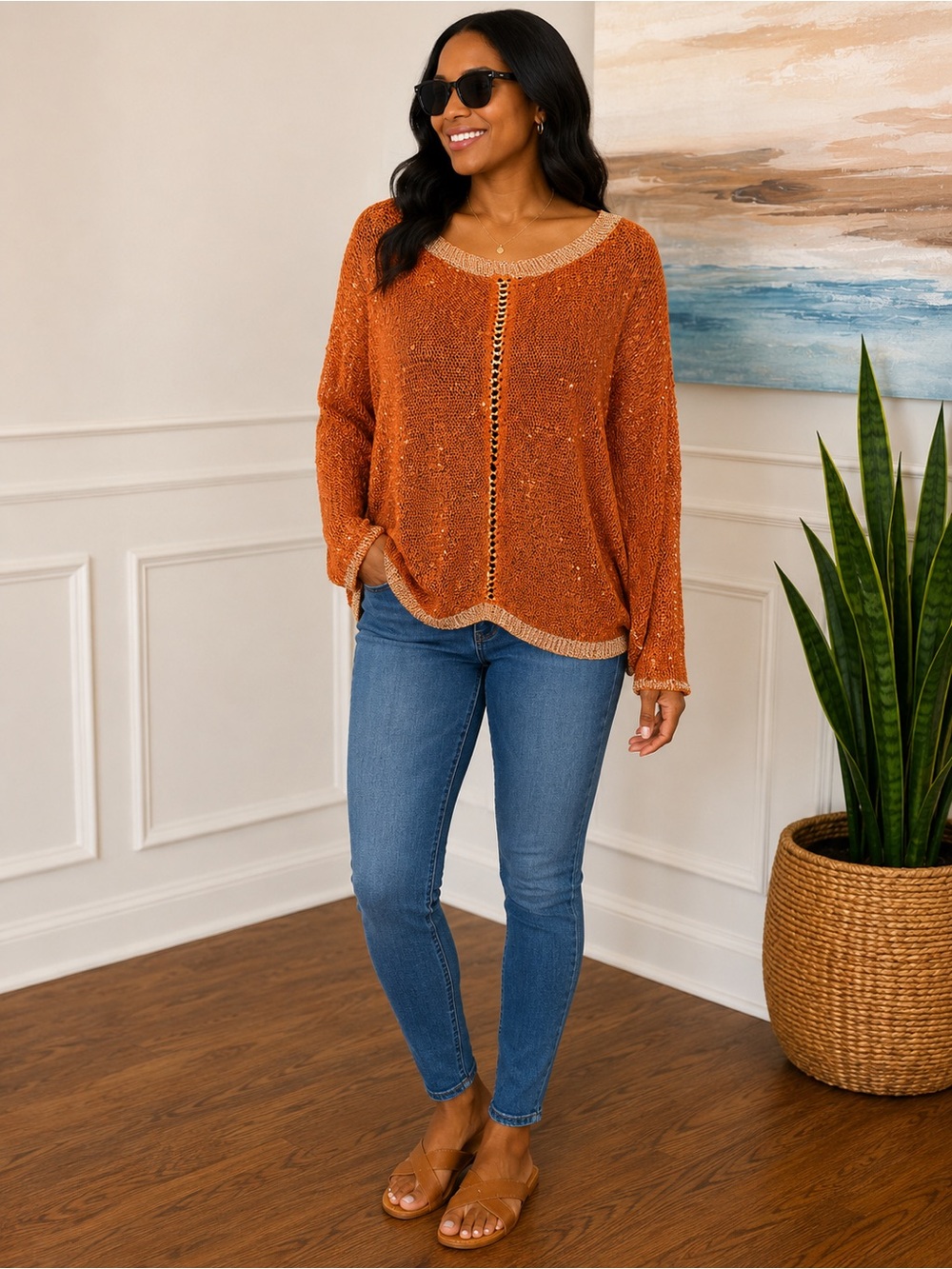 Day & Night Rust Sequin Open Knit Sweater | Gold Trim | Size Large | NWT